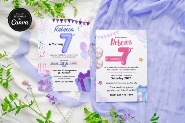 7Th Birthday Invitation Template It 62 Feature Images 4 Editable 7th birthday invitation canva template with colorful design, balloons, and party details for kids celebration