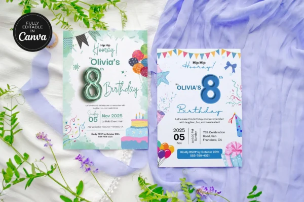 8Th Birthday Invitation Template It 63 Feature Images 4 Editable 8th birthday invitation canva template with colorful balloons, cake design, and fun kids party details