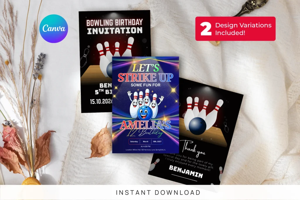Editable Bowling Birthday Invitation Canva Template Editable Bowling Birthday Invitation Canva Template