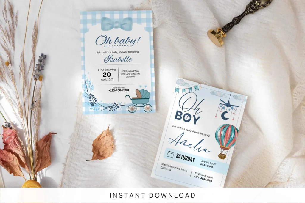 Editable boy baby shower invitation Canva template with blue theme, cute designs, and printable baby shower card layout