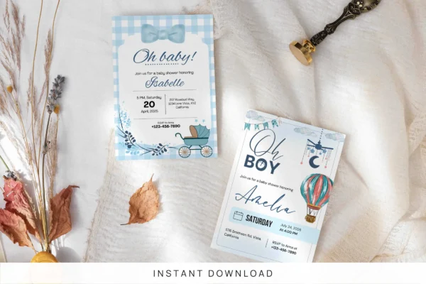 Boy Baby Shower Invitation It 34 Feature Images 1 Editable boy baby shower invitation canva template with blue theme, cute designs, and printable baby shower card layout