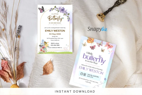 Butterfly Baby Shower Invitation It 35 Feature Images 1 Editable butterfly baby shower invitation canva template with floral design, pastel colors, and printable baby shower card layout