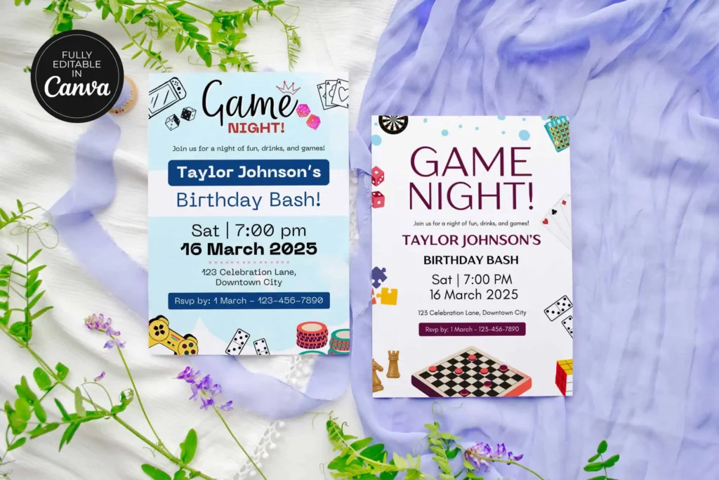Editable game night birthday invitation Canva template with dice, cards, and fun party details for kids and teens