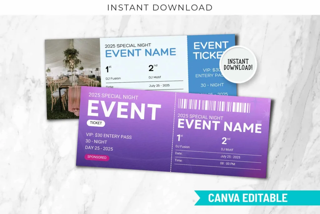 Canva editable event ticket template with modern design, VIP pass layout, barcode, and customizable details for any event
