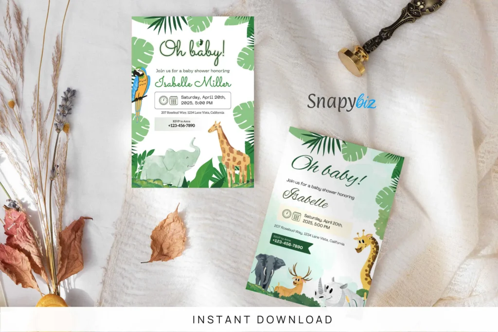 Editable safari baby shower invitation Canva template with jungle animals, greenery theme, and printable baby shower card design