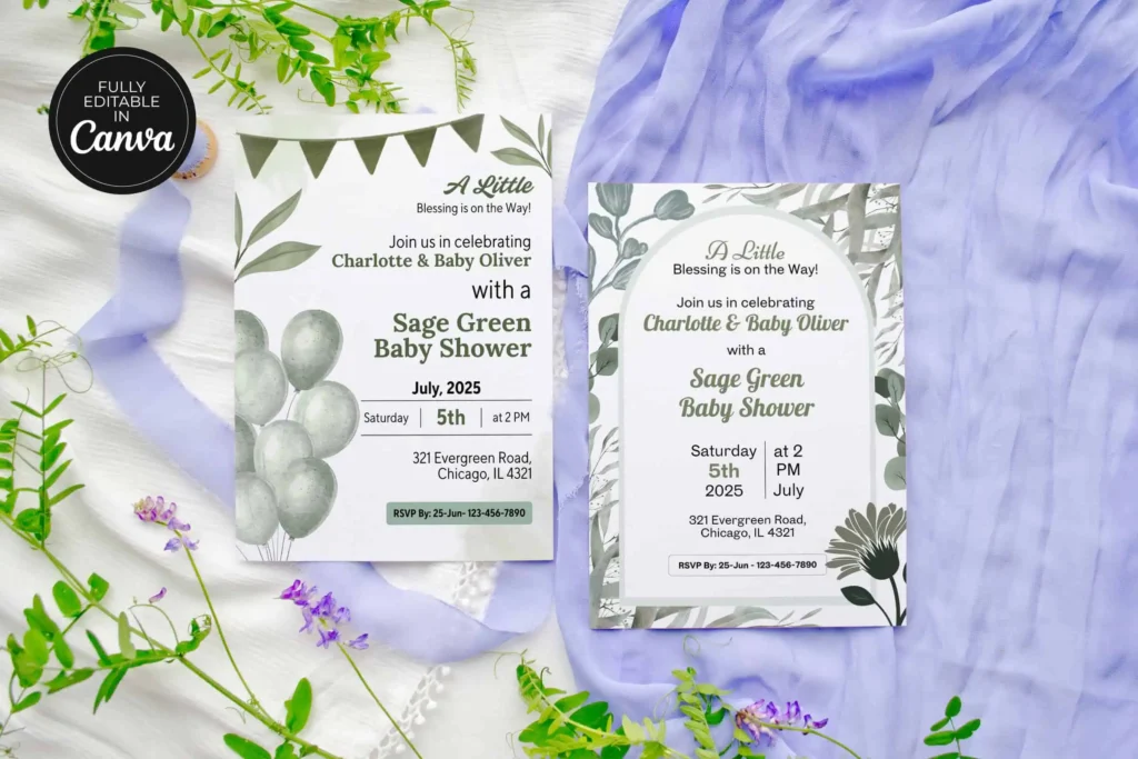Editable sage green baby shower invitation Canva template with floral leaves, balloons, and elegant minimalist design