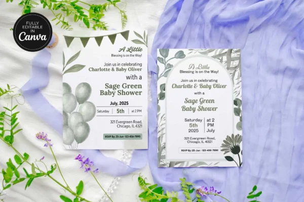 Sage Green Baby Shower Invitation It 44 Feature Images 4 Editable sage green baby shower invitation canva template with floral leaves, balloons, and elegant minimalist design