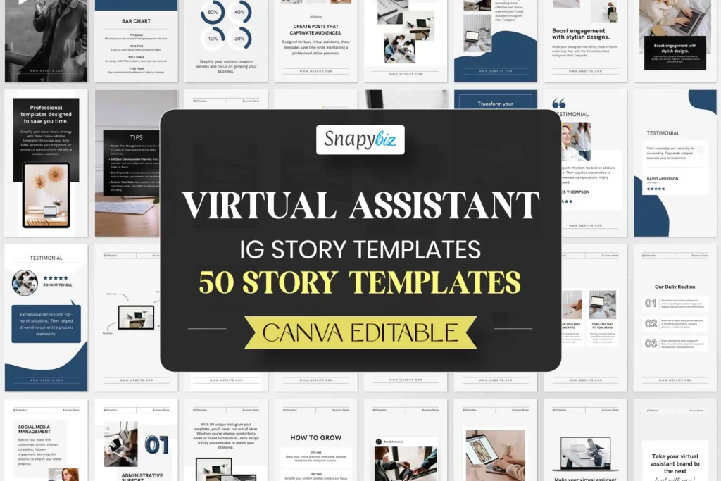 Virtual assistant Instagram story templates Canva editable with 50 IG story designs for VA business branding and content creation