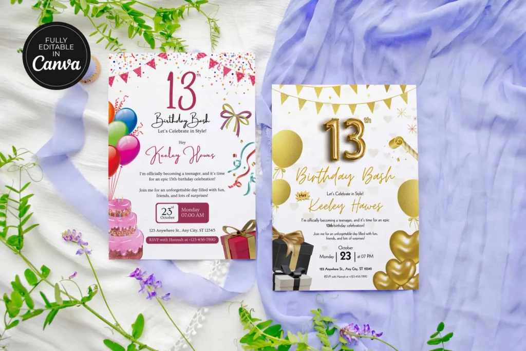 Editable 13th birthday invitation Canva template with balloons, cake, and gold decor, printable teen party invite design