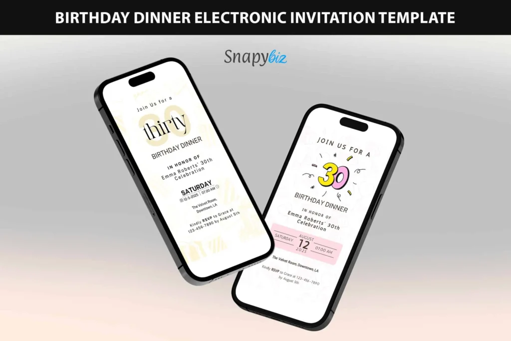 Birthday dinner electronic invitation Canva template shown on phones, elegant digital invite design for birthday celebration