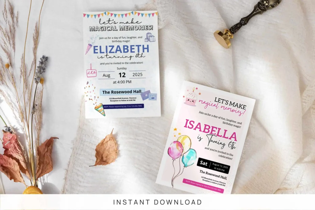 Kids birthday invitation Canva templates with colorful editable party invite cards for girls birthday celebrations.