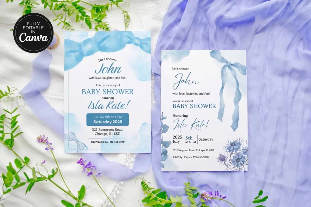 Editable Blue Bow Baby Shower Invitation Canva Template Editable Blue Bow Baby Shower Invitation Canva Template