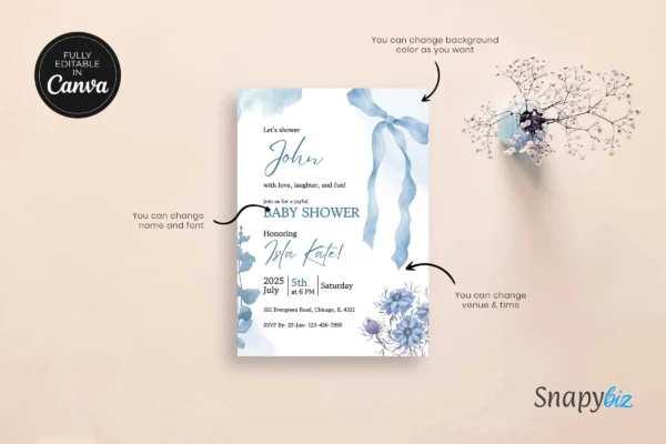 Blue Bow Baby Shower Invitation Template It 47 Feature Images 6 Editable blue bow baby shower invitation canva template - image 6