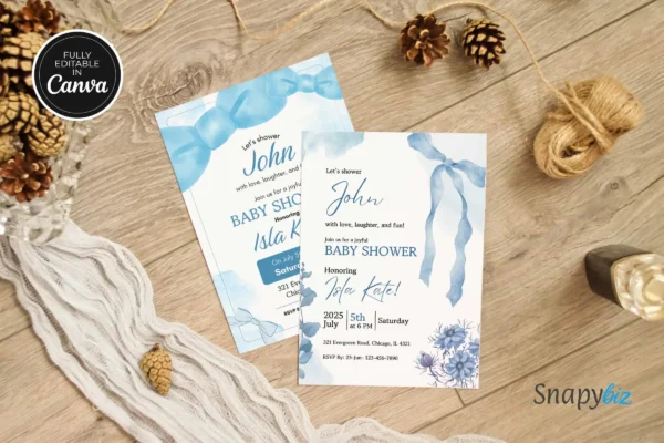 Blue Bow Baby Shower Invitation Template It 47 Feature Images 7 Editable blue bow baby shower invitation canva template - image 5