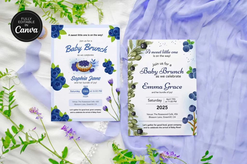 Blueberry baby brunch baby shower invitation Canva templates with floral decor and editable layouts