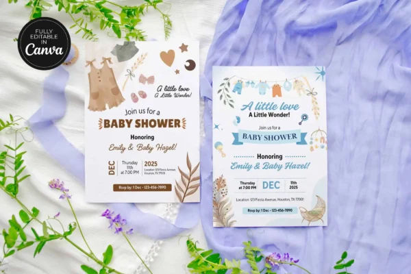 Editable boho baby shower invitation canva template with neutral tones, cute baby theme, and printable modern invite design