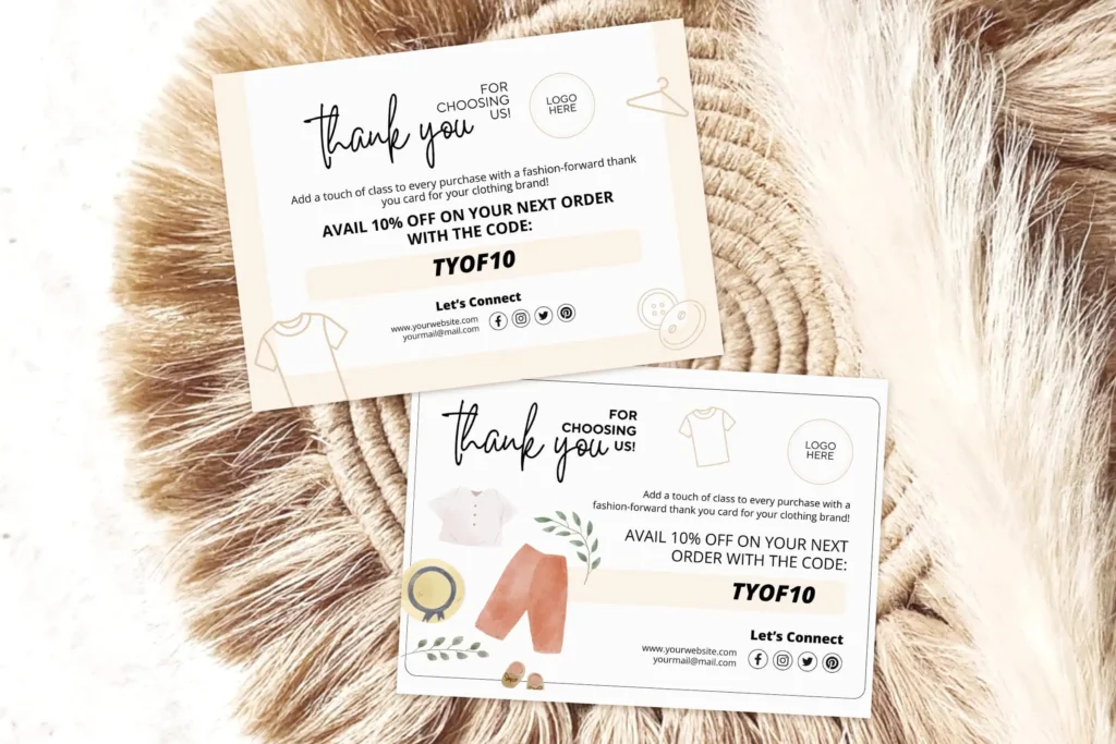 Clothing business thank you card Canva template with boutique branding, discount code, and fashion packaging design.