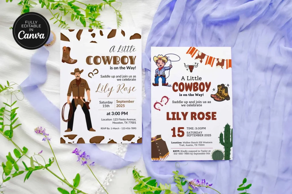 Editable cowboy baby shower invitation with western theme, boots, cactus, and rustic design, customizable in Canva