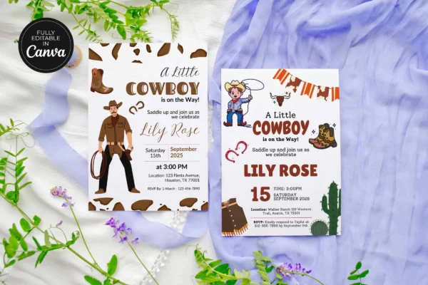 Cowboy Baby Shower Invitation It 51 Feature Images 4 Editable cowboy baby shower invitation with western theme, boots, cactus, and rustic design, customizable in canva
