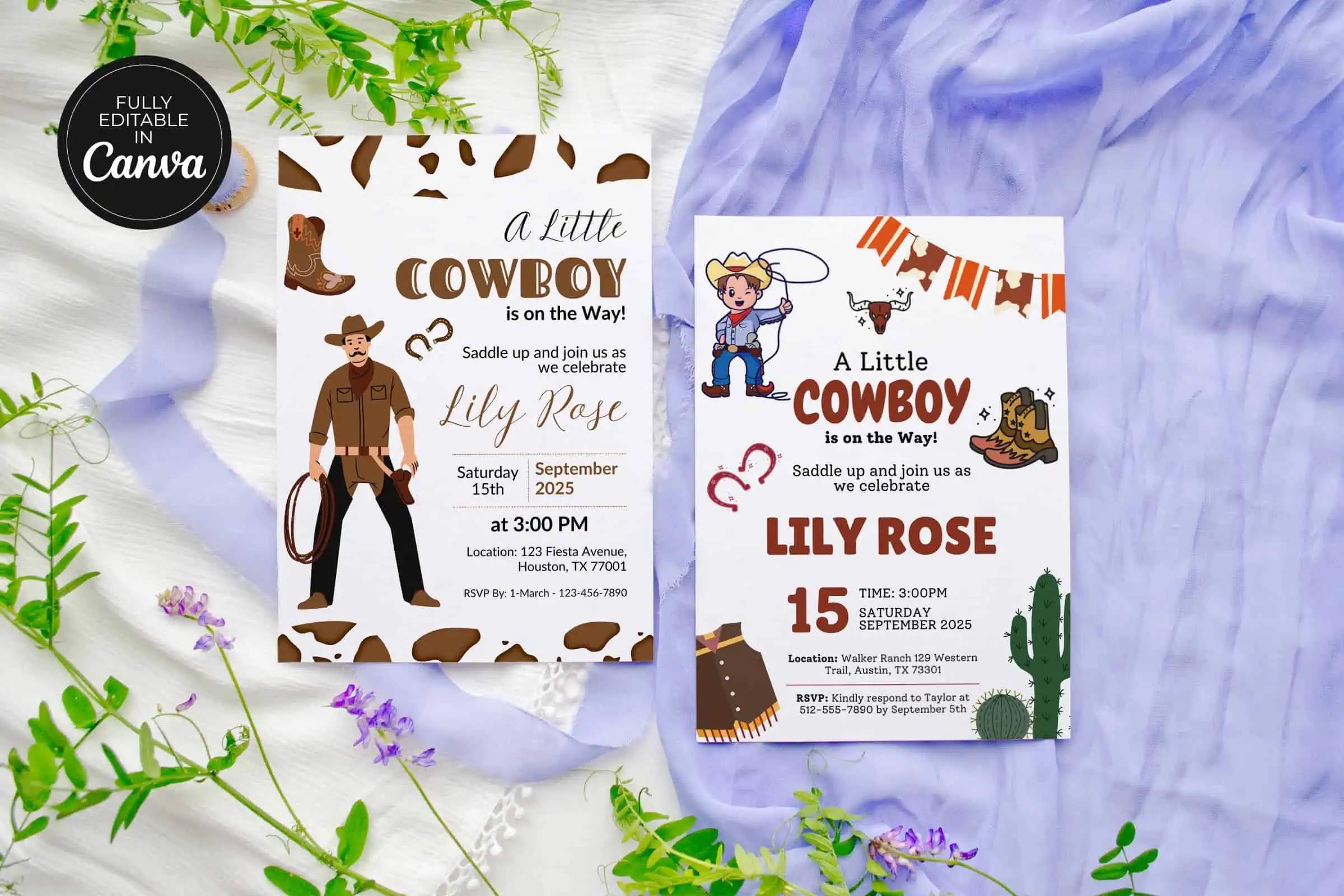 Cowboy Baby Shower Invitation It 51 Feature Images 4 Editable cowboy baby shower invitation with western theme, boots, cactus, and rustic design, customizable in canva