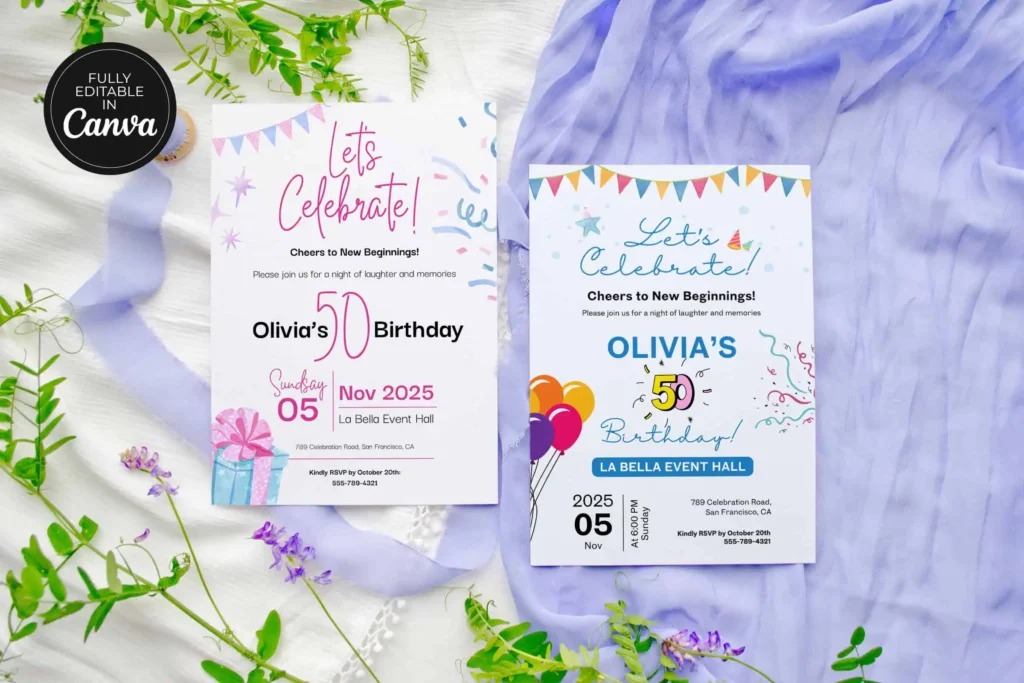 Editable 50th birthday invitation Canva template with colorful party design, balloons, and celebration theme.