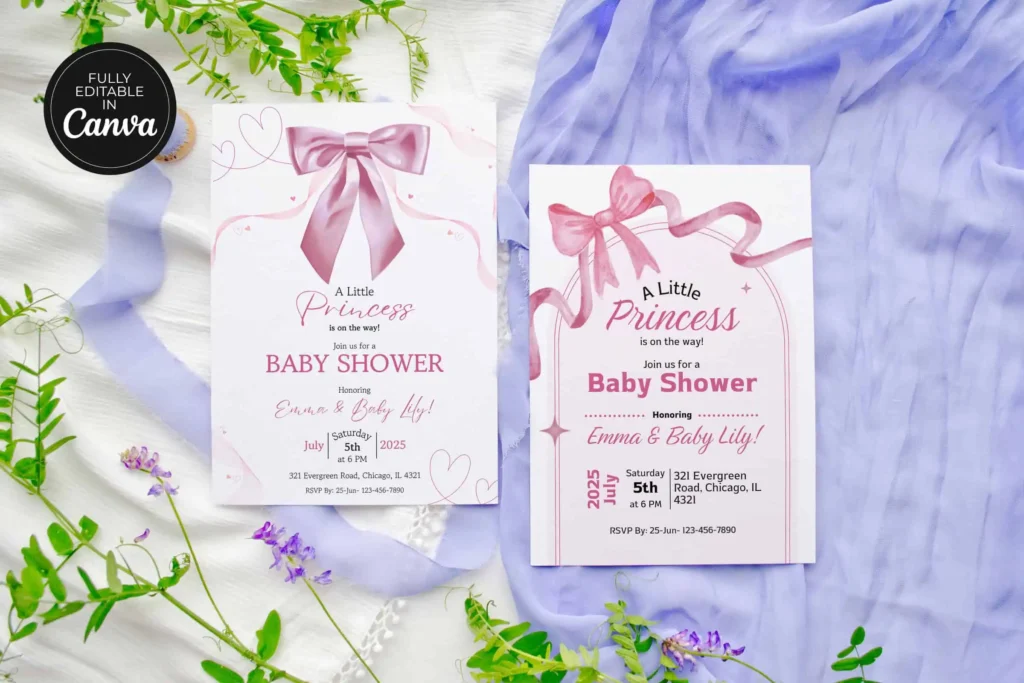 Editable pink bow baby shower invitation Canva template with elegant ribbon theme and printable baby shower invite design