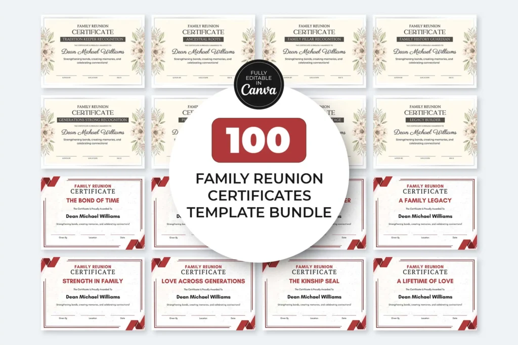 Family reunion certificate Canva template bundle with editable printable award certificates for memorable family celebrations