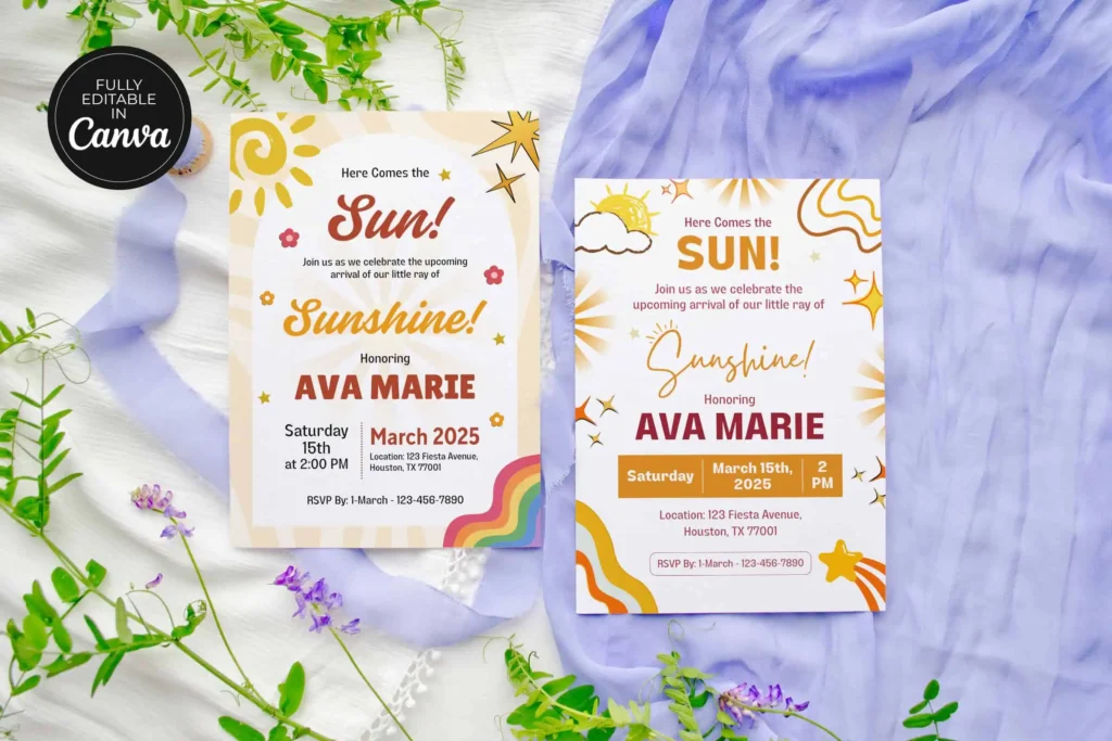 Editable retro sun baby shower invitation with rainbow, sunshine theme, and warm pastel design, customizable in Canva