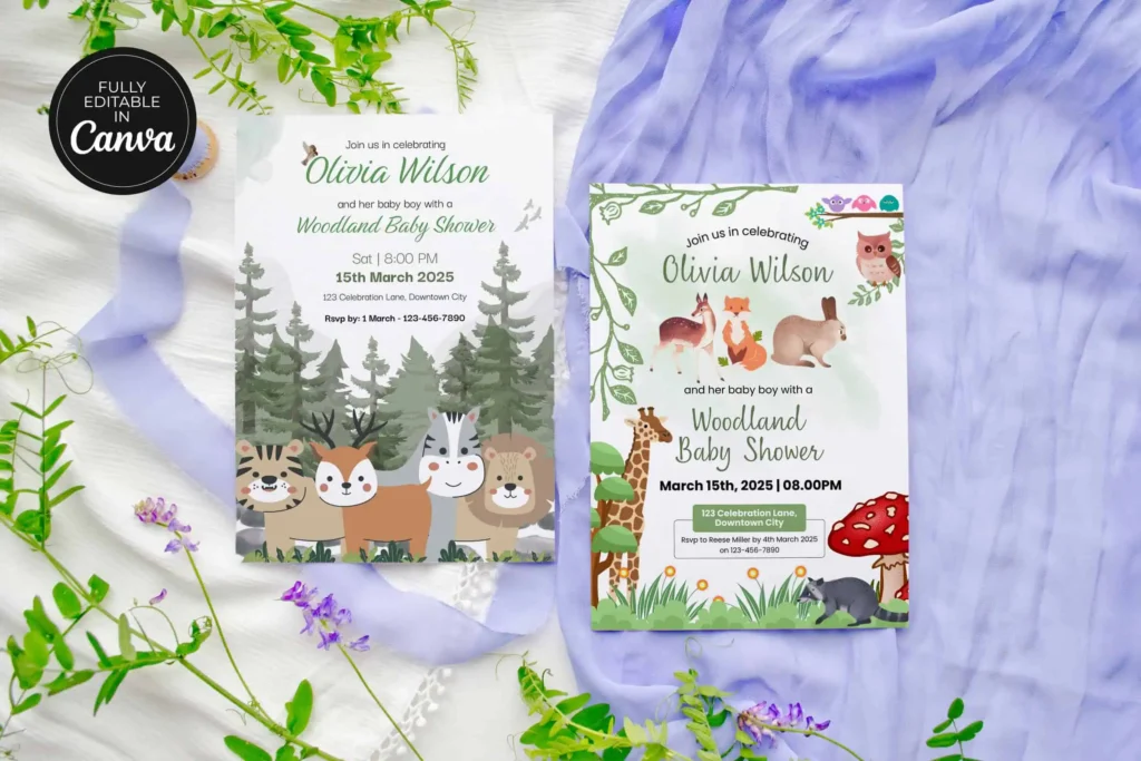 Editable woodland boy baby shower invitation with cute forest animals, greenery theme, and Canva customizable printable design