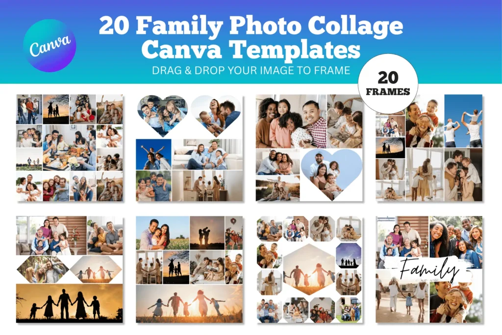 Family Photo Collage Canva Templates featuring customizable family picture layouts, heart frames, photo grids, and memory collages.