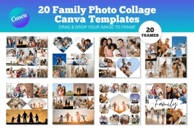 Family Photo Collage Canva Templates featuring customizable family picture layouts, heart frames, photo grids, and memory collages.