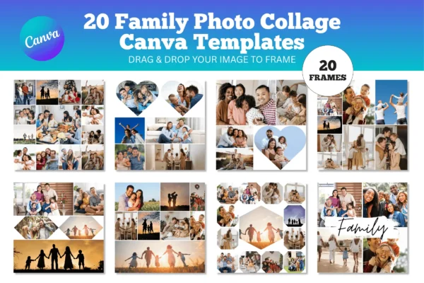 20 Family Photo Collage Canva Template Feature Images 1 Family photo collage canva templates featuring customizable family picture layouts, heart frames, photo grids, and memory collages.