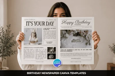 Birthday Newspaper Canva Template mockup featuring a woman holding a customizable birthday newspaper with photos, headlines and Canva editing.