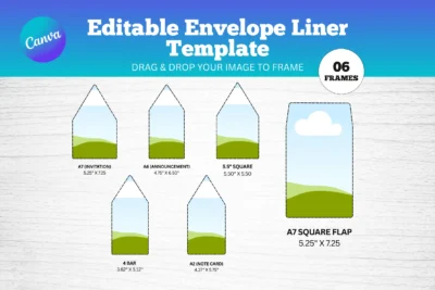 Editable envelope liner template with 6 Canva frames, drag and drop image areas, and multiple envelope sizes.