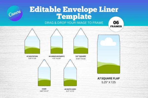 Editable Envelope Liner Template Feature Images 0 Editable envelope liner template with 6 canva frames, drag and drop image areas, and multiple envelope sizes.