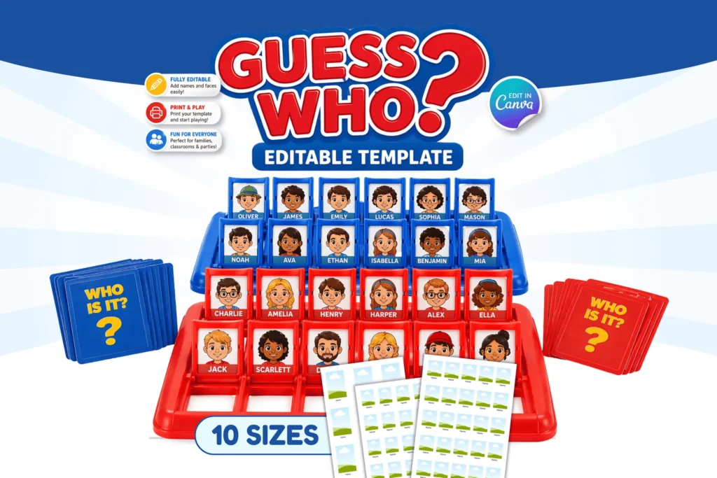 Guess Who editable Canva template with character cards, 10 sizes, print-and-play game board, and drag-and-drop frames.