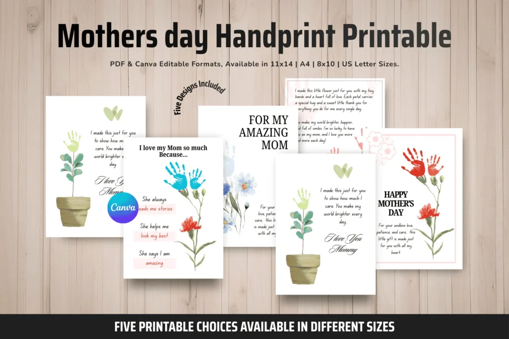Mother’s Day handprint printable templates with watercolor flowers, Canva editable formats, and multiple sizes.