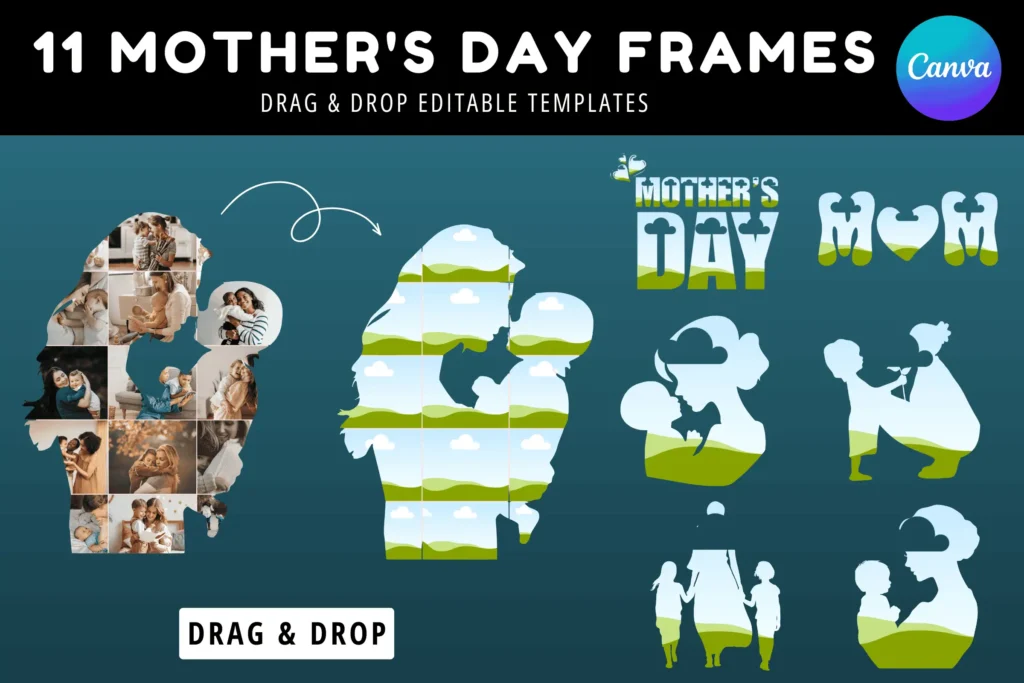 Mother’s Day photo frame templates with editable Canva drag and drop designs in mom themed shapes.