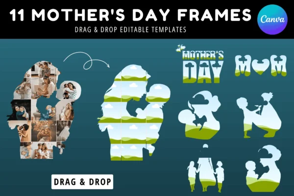 Mother’s day photo frame templates with editable canva drag and drop designs in mom themed shapes.