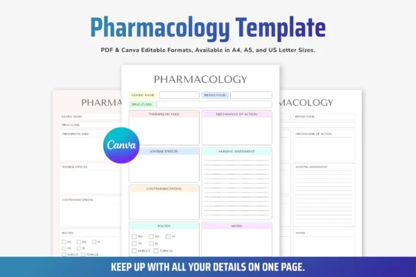 Pharmacology template editable canva pdf in a4 a5 and us letter sizes for nursing and medical study notes.