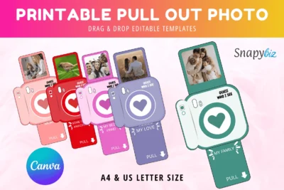 Printable pull out photo Canva template with drag and drop camera cards, A4 and US Letter sizes, and colorful photo gift designs.