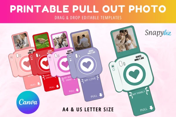 Printable Pull Out Photo Feature Image 1 Printable pull out photo canva template with drag and drop camera cards, a4 and us letter sizes, and colorful photo gift designs.
