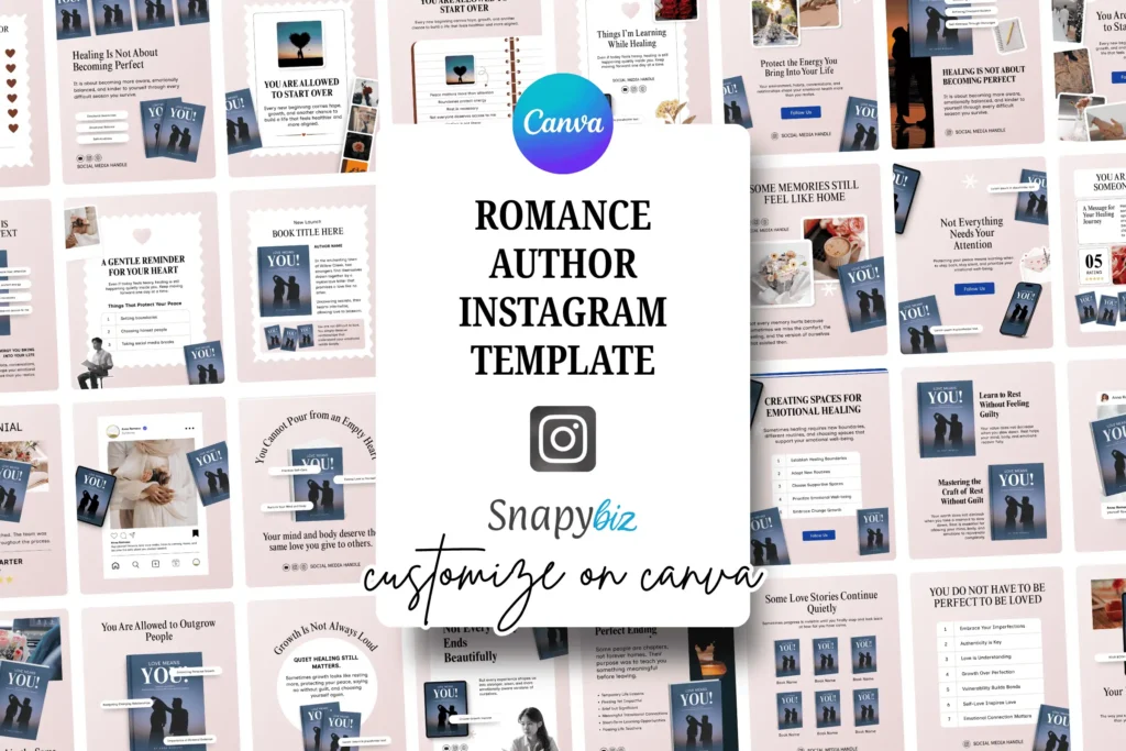 Romance Author Instagram Template featuring editable Canva post designs for book promotion, reader engagement, quotes, launches, and marketing.