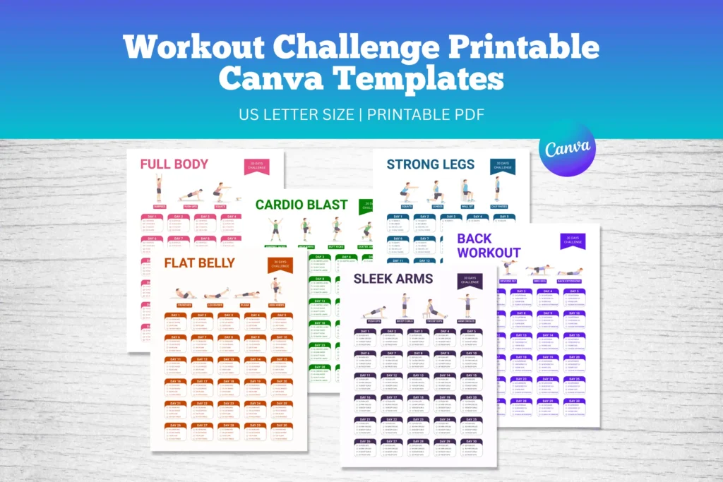 Workout Challenge Printable Canva Templates with full body, cardio, legs, arms, belly, and back workout planner pages.