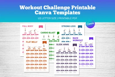 Workout Challenge Printable Canva Templates with full body, cardio, legs, arms, belly, and back workout planner pages.