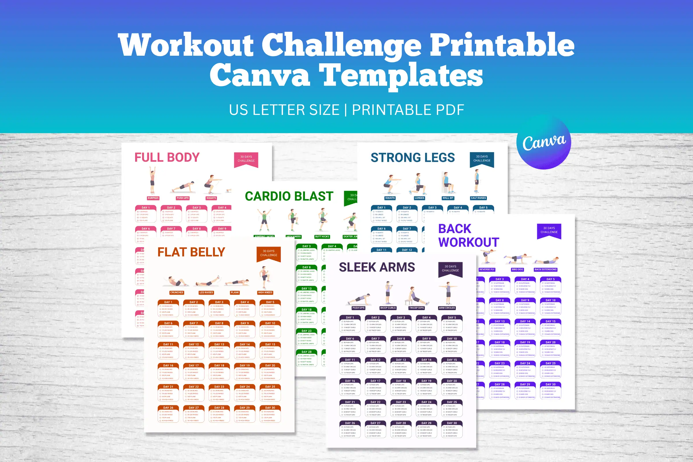 Workout Challenge Printable Canva Template Feature Images 2 Workout challenge printable canva templates with full body, cardio, legs, arms, belly, and back workout planner pages.