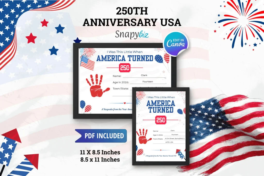 250th Anniversary USA Handprint Craft printable with patriotic USA flag design, framed keepsake mockups, PDF included, and Canva edit badge.