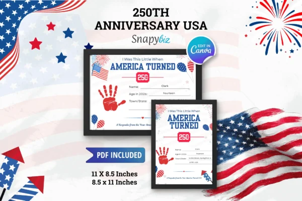 250Th Anniversary Usa Handprint Craft Feature Image 1 1 250th anniversary usa handprint craft printable with patriotic usa flag design, framed keepsake mockups, pdf included, and canva edit badge.